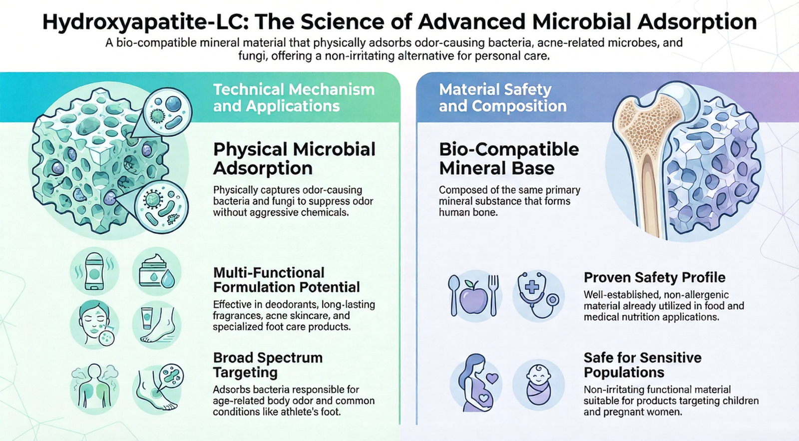 Hydroxyapatite-LC advanced microbial adsorption: physical mechanism, multi-functional formulation potential, broad-spectrum targeting, biocompatible mineral base, proven safety profile, safe for sensitive populations.