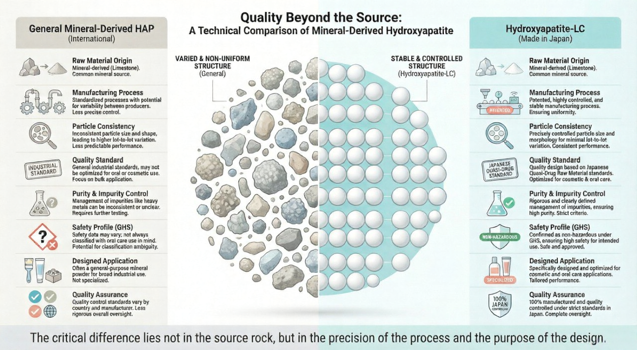 Technical comparison: General mineral-derived hydroxyapatite vs Hydroxyapatite-LC. Covers raw material origin, manufacturing process, particle consistency, quality standard, purity control, GHS safety profile, designed application, and quality assurance.